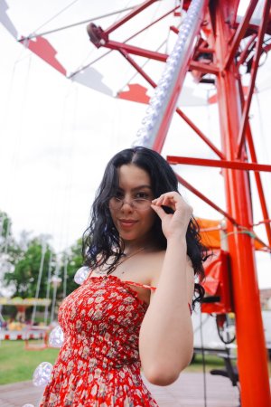 Sally Hunter laughs on a swing ride in a red dress holding a plush toy surrounded by trees and a soccer goal — Sally Hunter #8
