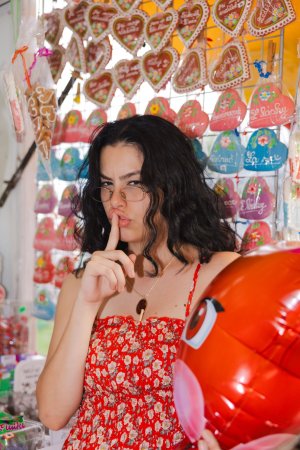Sally Hunter laughs on a swing ride in a red dress holding a plush toy surrounded by trees and a soccer goal — Sally Hunter #11