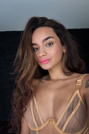 Dulce in sheer gold lingerie posing against dark stone wall teasing curves and tattoos — Dulce #5