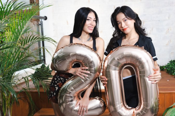 Yeye Guzman and Leyla Grey tease in lingerie on wooden stairs with 20 balloons, heels and plants around — Yeye Guzman & Leyla Grey #2