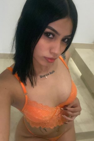 Sofia sits on the bathroom sink in orange lingerie taking mirror selfies showing her tattooed ass — Sofia #4