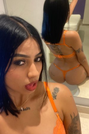 Sofia sits on the bathroom sink in orange lingerie taking mirror selfies showing her tattooed ass — Sofia #6