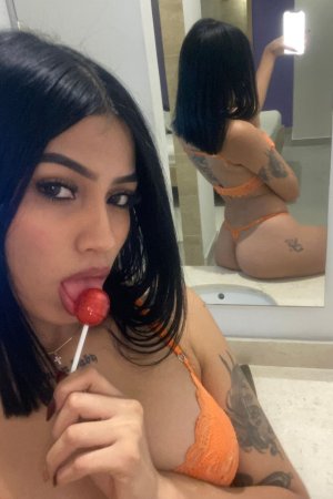 Sofia sits on the bathroom sink in orange lingerie taking mirror selfies showing her tattooed ass — Sofia #8