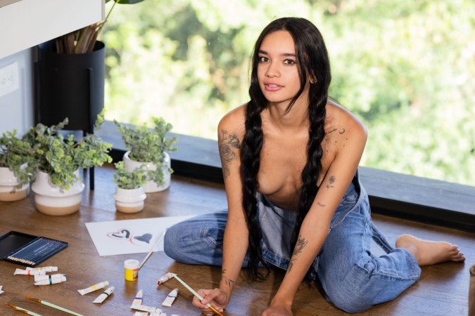 Dulce sits floor by window painting then strips to masturbate with dildo in denim overalls — Dulce #6