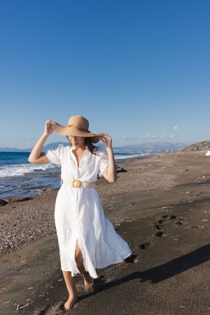Layla Scarlett teases in a white dress on a windy beach, fingers brushing her curves under the sun — Layla Scarlett #1