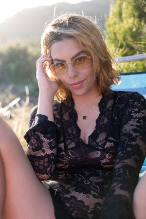Sally Hunter teases in black lace outdoors, wind blowing her sheer top as she poses bare bottom — Sally Hunter #11