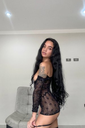 Dulce teases with her yellow toy in sheer black lingerie, legs spread wide on the couch — Dulce #15