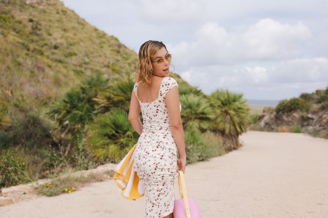 Sally Hunter in floral dress poses barefoot outdoors, teasing with her wet juicy pussy on display — Sally Hunter #1