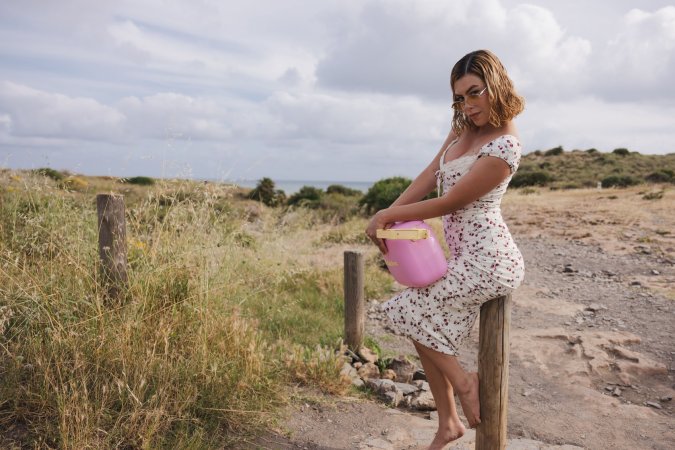 Sally Hunter in floral dress poses barefoot outdoors, teasing with her wet juicy pussy on display — Sally Hunter #6