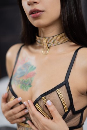 Tormenta sits poised in black lace and gold, her tattoos glowing as she teases with slow, solo grace — Tormenta #4