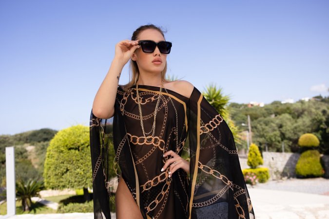 Rika Fane commands the sun in sheer chain print, high heels and sunglasses, posing solo outdoors — Rika Fane #2