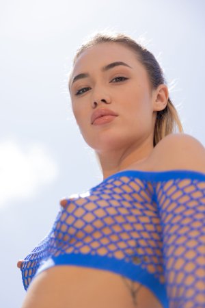 Rika Fane in blue fishnet lingerie poses solo outdoors by cactus under hot Greek sun — Rika Fane #6
