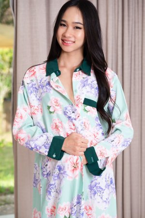 Mayuko smiles barefoot in floral robe holding dildo near beige curtains for solo play — Mayuko #1
