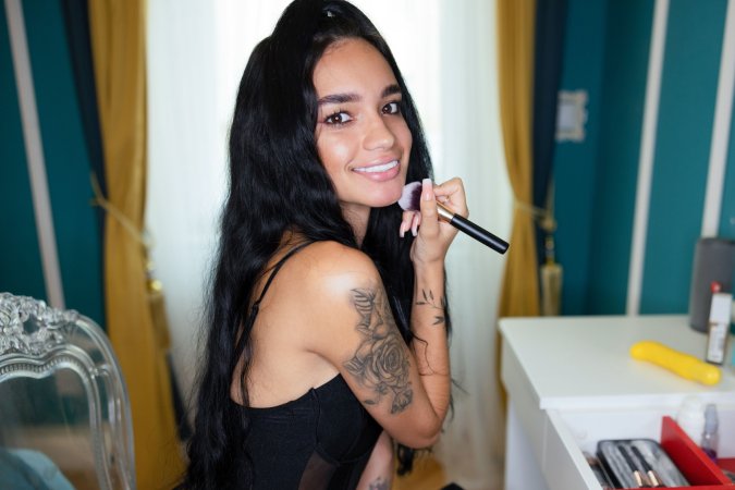 Dulce starts with makeup brush in hand then slips into sheer lingerie and teases herself with solo play on teal bedroom sheets — Dulce #2