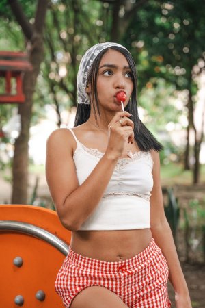 Why Effy licks lollipop outdoors in gingham shorts, solo tease with headscarf and lace top — Why Effy #1
