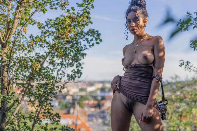 Valery Ponce flashes her bare pussy on Pragues cobblestone streets in revealing brown lingerie — Valery Ponce #21