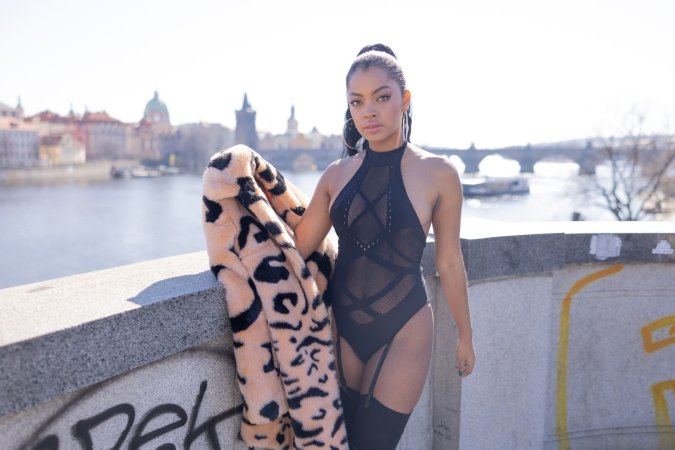 Sofi Vega teasing in sheer black lingerie and fur coat against Pragues river view, craving all eyes on her — Sofi Vega #12