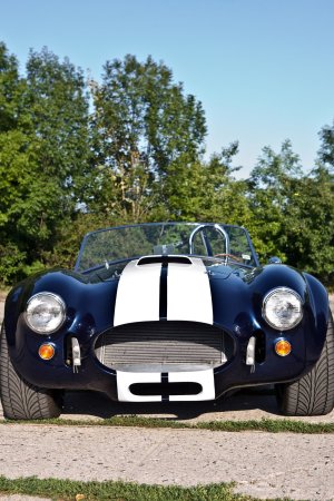 Nika leans against a vintage AC Cobra in the garage heat, her gaze locked on the racetrack ahead — Nika #10